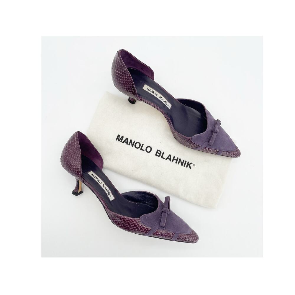 Manolo Blahnik Vintage Purple Python Suede Bow D'Orsay Kitten Heel Pumps IT 37